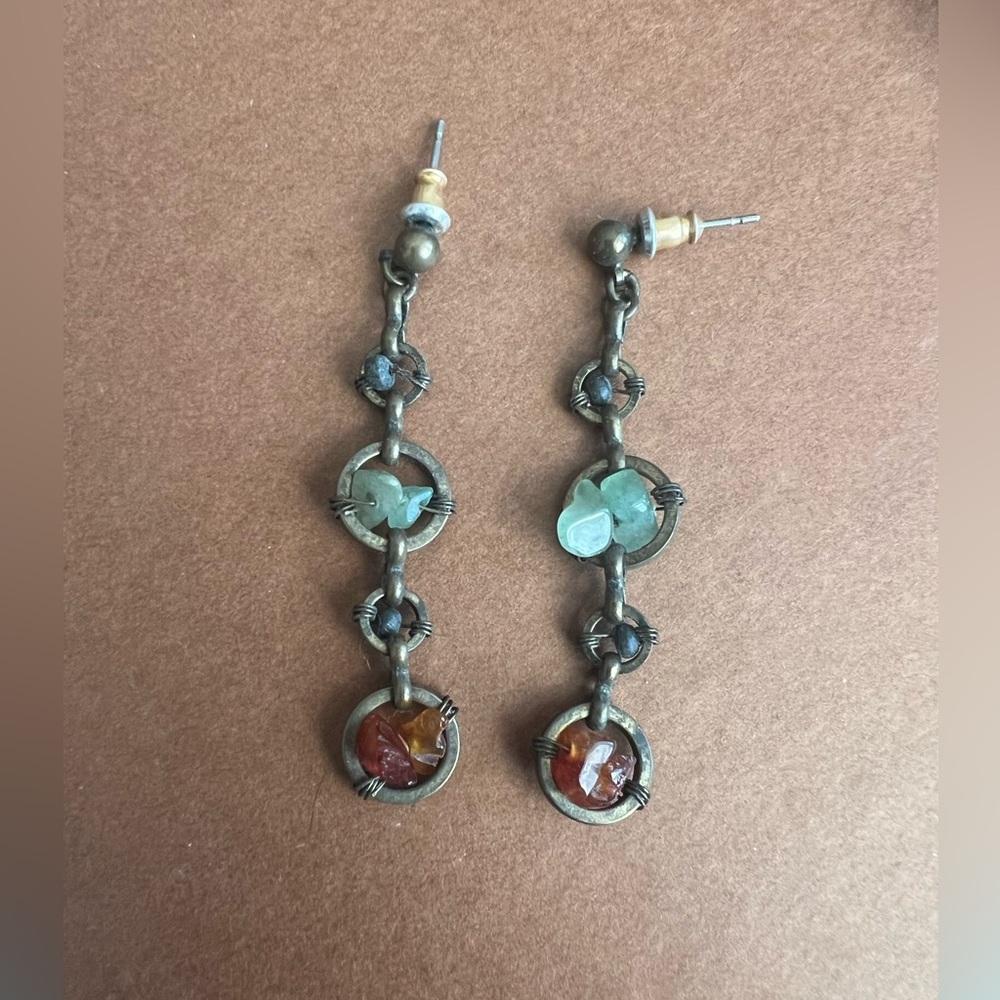 2/$30 SALE. Vintage Boho Bronze Dangle Earrings | Natural Stone Chips